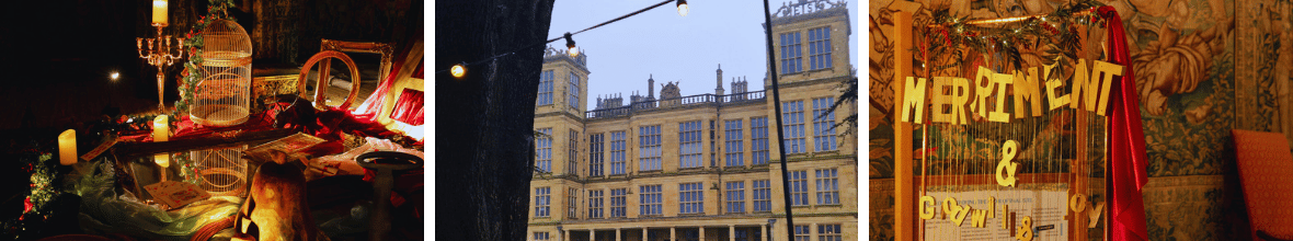 Three photos of Hardwick Hall dressed for wintertide